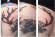 Black and grey Roses with antlers thigh tattoo